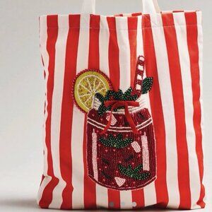 Anthropologie Graphic Beaded Canvas Tote Bag - Red - NWT